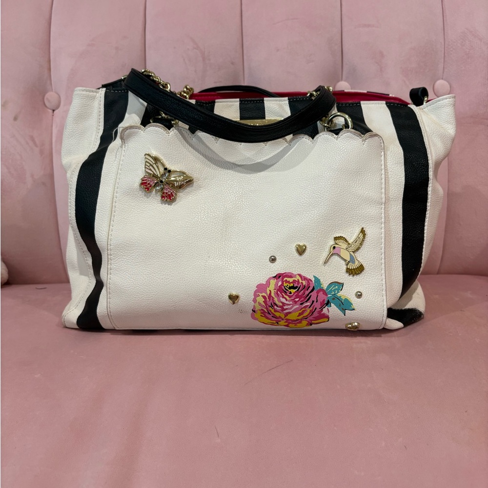 Betsey Johnson Black and White Tote with Whimsical Embellishments